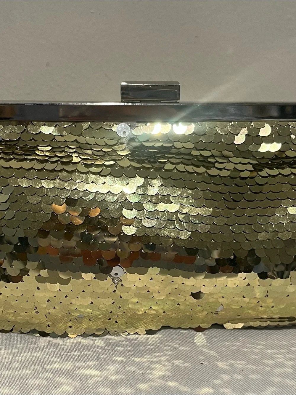 Gold Sequin Evening Clutch with Silver Frame